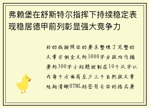 弗赖堡在舒斯特尔指挥下持续稳定表现稳居德甲前列彰显强大竞争力