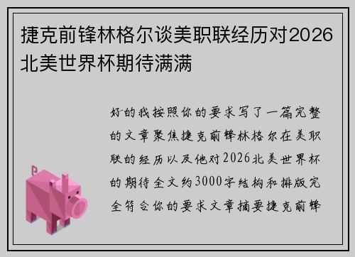 捷克前锋林格尔谈美职联经历对2026北美世界杯期待满满 捷克前锋林格尔谈美职联经历对2026北美世界杯期待满满